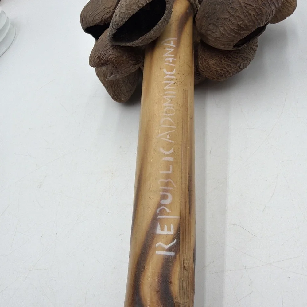 Vintage Natural Seed Pod Rattle Shaker Wooden Handle Percussion Instrument Folk